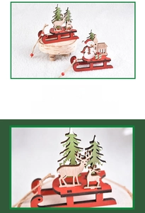 Detail view of laser-cut wooden Christmas sleigh ornaments featuring reindeer and snowman