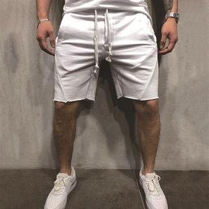 White casual sports shorts with drawstring waistband and raw hem detail for men