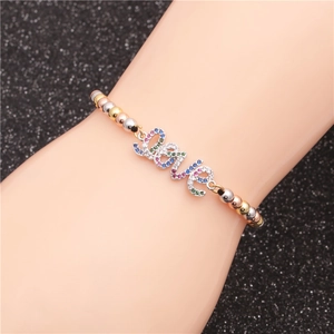 Colorful beaded bracelet with Love charm and micro-inlaid multi-color zircon stones
