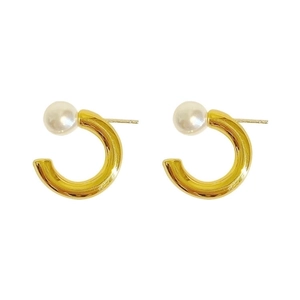 Minimalist gold C-shaped hoop earrings with white pearl detail for women