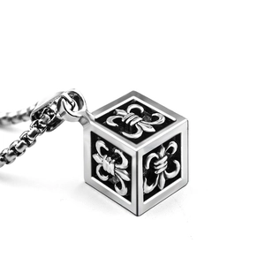 Punk style titanium steel necklace featuring a vintage engraved cube cross pendant