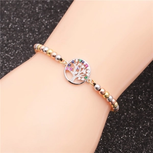 Three-tone beaded bracelet featuring a sparkling Tree of Life charm with multi-color zircons
