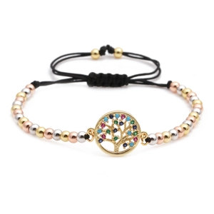 Adjustable woven bracelet with multi-color tree of life charm and tricolor beads