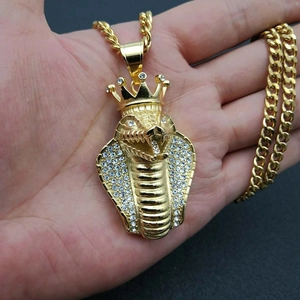 Hip hop gold plated cobra pendant necklace with rhinestones and cuban chain for men