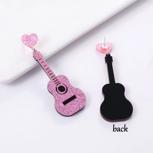 Pink glitter guitar earrings with heart studs shown in front and back view