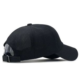 Detail of breathable black mesh baseball cap with adjustable rear metal buckle strap