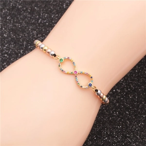 Bracciale infinito con zirconi multicolore e perle in metallo misto su cordino nero