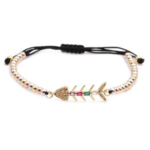 Colorful gemstone fishbone bracelet with mixed metal beads and adjustable woven rope