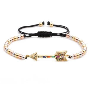 Braided beaded bracelet with tricolor metal beads and zircon arrow charm centerpiece