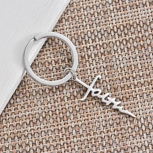 Stainless Steel Faith Letter Cross Keychain Silver Modern Minimalist Artistic Bag Charm Car Key Ring Pendant For Daily Use Gift