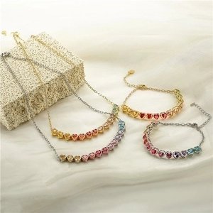 Fashion Copper Rainbow Zirconia Heart Necklace Bracelet Jewelry Set Elegant Multi Color Heart Pendant Jewelry For Women