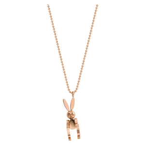 Rose gold mechanical rabbit necklace with LUCKY engraving on minimalist bead chain