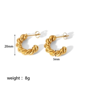 Detail showing 20mm gold twisted C-shape hoop earrings with measurement specifications