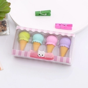 Creative 4-piece ice cream cone eraser set in a cute cartoon bear window gift box