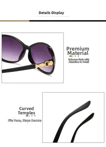 Detail of sunglasses featuring golden floral metal trim and ergonomic curved temples