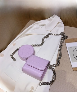 Detail of lavender crocodile pattern two-in-one mini bag set with silver chain strap