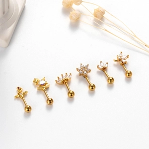 Set of 6 gold plated ear studs featuring crown and sword designs with zircon stones