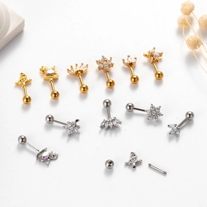 Double-headed screw zircon ear cartilage studs in gold and silver stainless steel