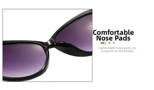 Close-up of comfortable integrated nose pads on black oval sunglasses with purple lenses