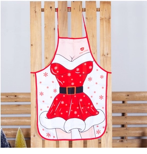 Detailed close-up of a red polyester Christmas apron with sexy Santa girl print and Merry Christmas text