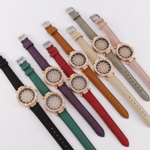 Elegant starry sky women's watches set with floral crystal dial and leather straps