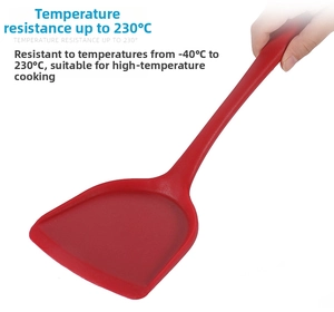Silicone spatula detail showing heat resistance from -40°C to 230°C for high temperature cooking