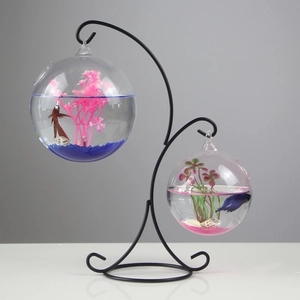 Hanging Glass Fish Tank Micro Landscape Vase With Metal Stand Desktop Aquarium Clear Bowl Home Office Decor Modern Style