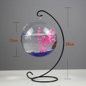 Hanging glass fish bowl with a black metal stand and 15cm sphere diameter dimensions