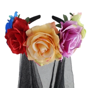 Gothic headband with colorful faux roses and black mesh veil for Halloween costume