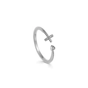 Adjustable silver cross and heart open ring with sparkling moissanite crystal accents