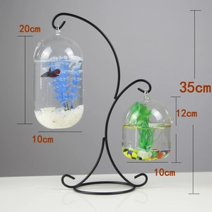 Dual hanging glass fish bowls on S-shaped metal stand with dimensions 35cm total height
