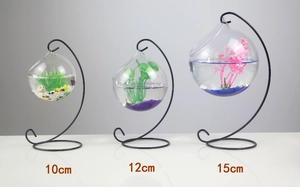 Three sizes of hanging glass vases on black metal stands 10cm 12cm 15cm comparison