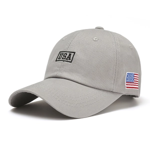Unisex grey baseball cap featuring USA embroidery and American flag patch for outdoor
