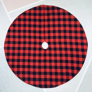 Red and black buffalo plaid Christmas tree skirt with tie-up closure for holiday decor