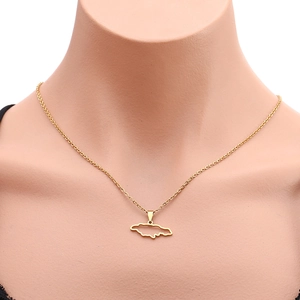 Close-up of gold Jamaica map pendant necklace on a neck model with an O-shaped chain