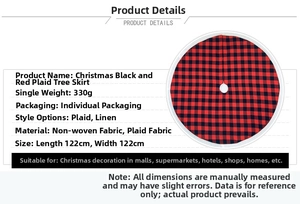 Detail of 122cm red and black buffalo plaid Christmas tree skirt with white border edges