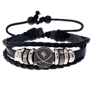 Multilayer Leather Bracelet Alloy Beaded Skull Crossed Swords Pirate Retro Punk Adjustable Jewelry For Men