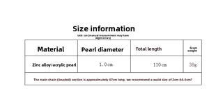 Size guide for pearl metal waist chain showing dimensions and material specifications