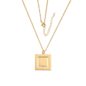 Detailed view of golden double square geometric necklace with lobster clasp and extension chain