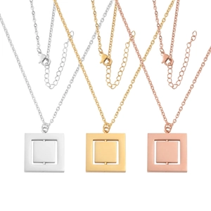 Rotating geometric square pendant necklaces in silver, gold, and rose gold finishes