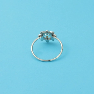 Macro shot of silver stainless steel mustard seed ring with delicate flower pattern