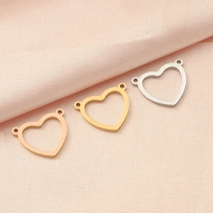 Three hollow heart-shaped stainless steel charms in rose gold, gold, and silver finishes