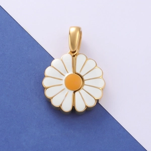 Detailed view of an openable gold daisy pendant with white enamel petals and yellow center