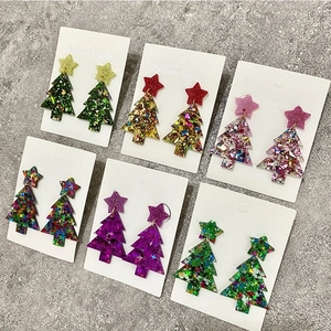 Glitter acrylic Christmas tree drop earrings set in various festive colors on card