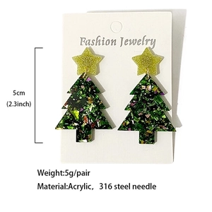 Sparkly green acrylic Christmas tree earrings with yellow glitter star on jewelry card