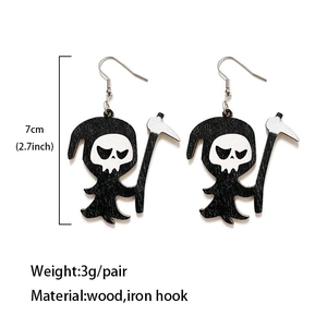 Halloween reaper wood earrings in dark style with white facial details and 7cm length