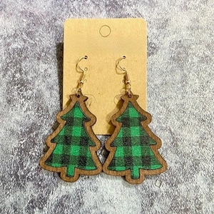 Christmas tree wooden earrings featuring classic green and black buffalo plaid pattern