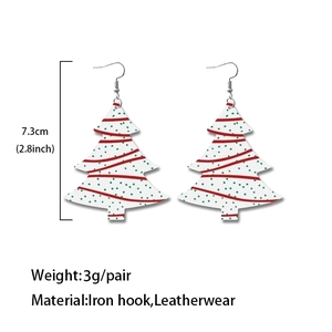 Christmas tree earrings with red and green polka dots on white leather with size details