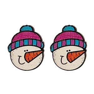 Cute cartoon snowman wooden stud earrings with colorful winter hats for Christmas gifts
