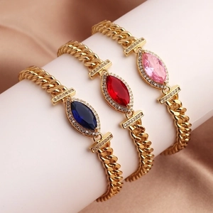 Elegant gold-plated Cuban chain bracelets with marquise zircon stones in blue, red, and pink